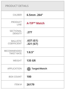 26179  Hornady 6.5mm (0.264") 135gr A-Tip MATCH Box 100