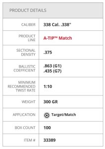 33389 Hornady Bullet 338 Cal .338 300 gr A-TIP™ Match Box 100