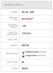 45010 Hornady 45 Cal .458" 250 gr MonoFlex® Box of 50